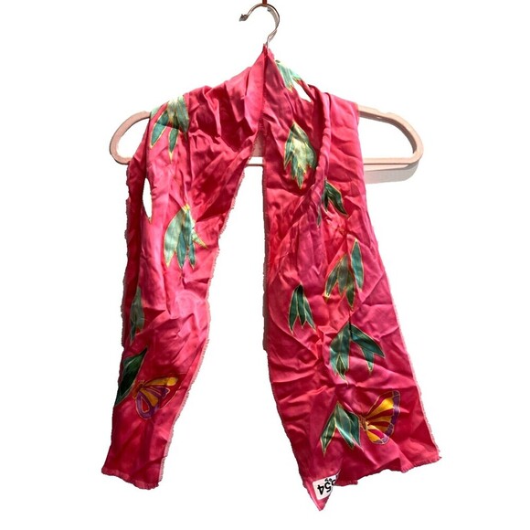 M.S. Compere Womens Pink Rectangle Scarf Small Silk Floral Day Butterfly Center - Picture 1 of 8